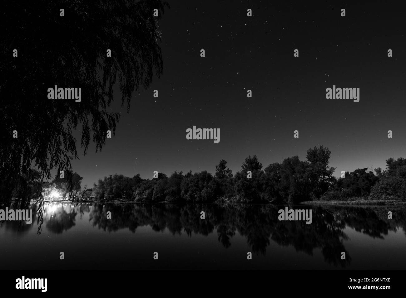 Foto notturna di un tranquillo fiume che rispecchia gli alberi e le stelle nel cielo mostrando la croce meridionale di Villa Paranacito, Entre Ríos, Argentina Foto Stock