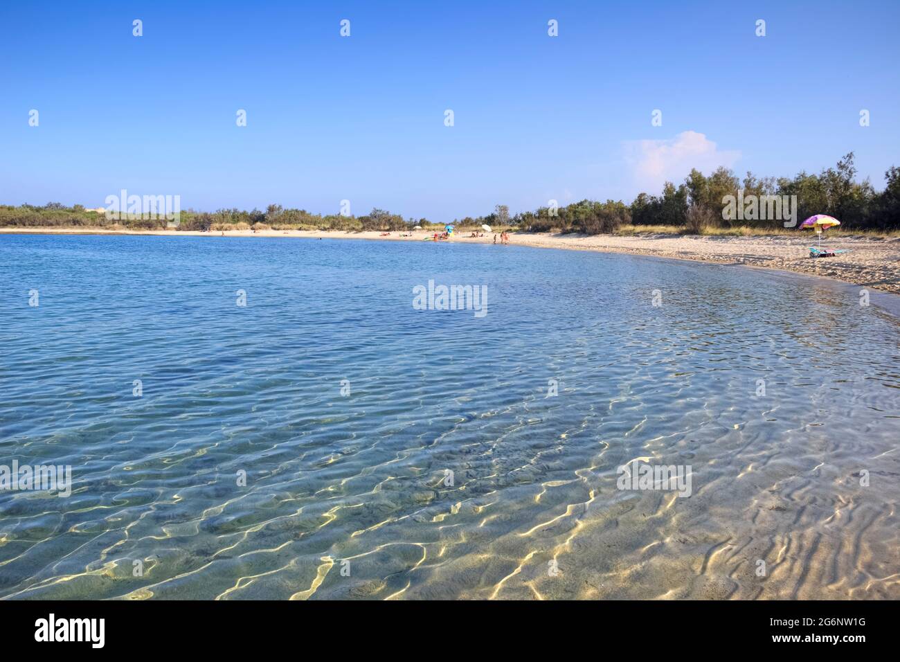 Spiaggia Puglia: Riserva naturale Torre Guaceto in Italia. Vista della costa e delle dune con macchia mediterranea. Foto Stock