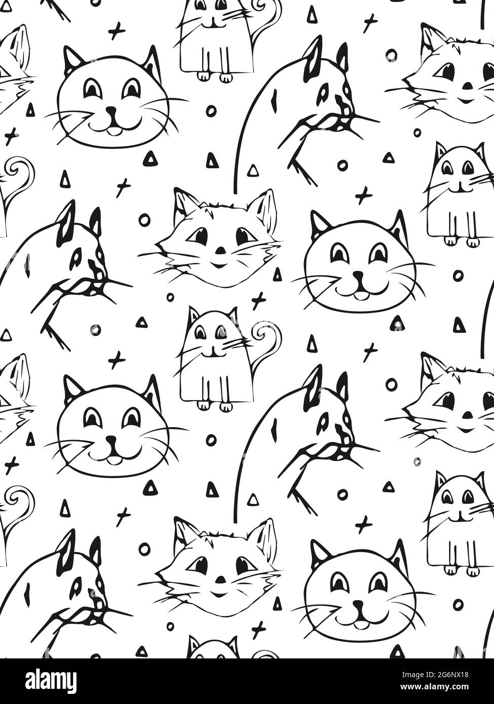 Doodle gatti affronta un motivo senza cuciture. Illustrazione divertente stile cartoon disegnata a mano. Contorno nero, linea attiva Illustrazione Vettoriale