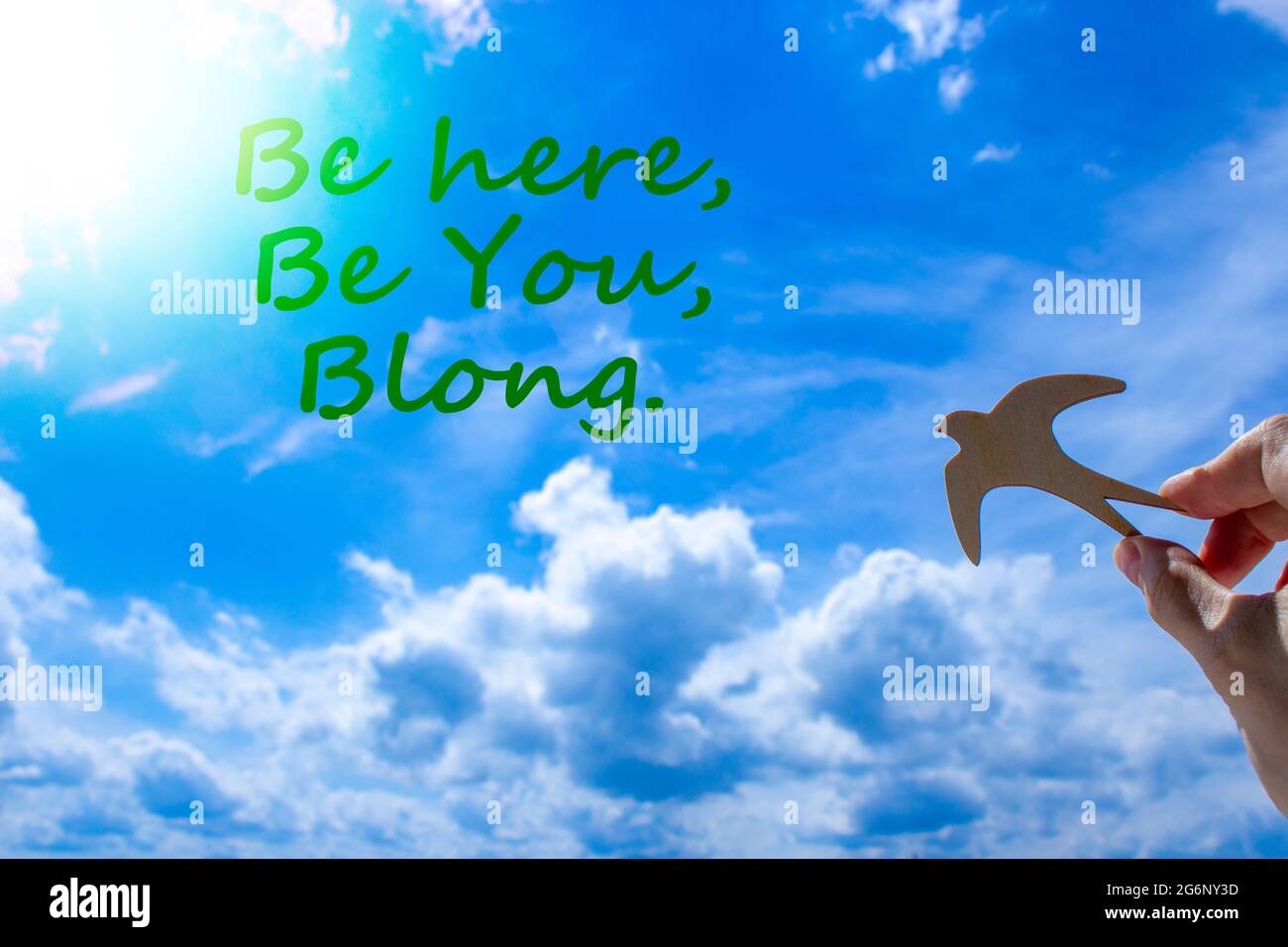 Il simbolo dell'utente appartiene qui. Uomo d'affari tiene uccello di legno su sfondo cielo blu nuvola. Le parole siano qui, sia voi, appartengono. Sole. Business, diversità, inclusi Foto Stock