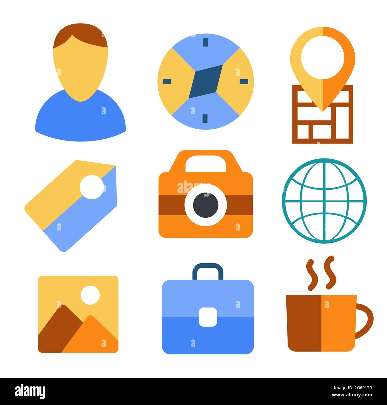 Le icone del set da viaggio sono piatte per il design e. Illustrazione Vettoriale