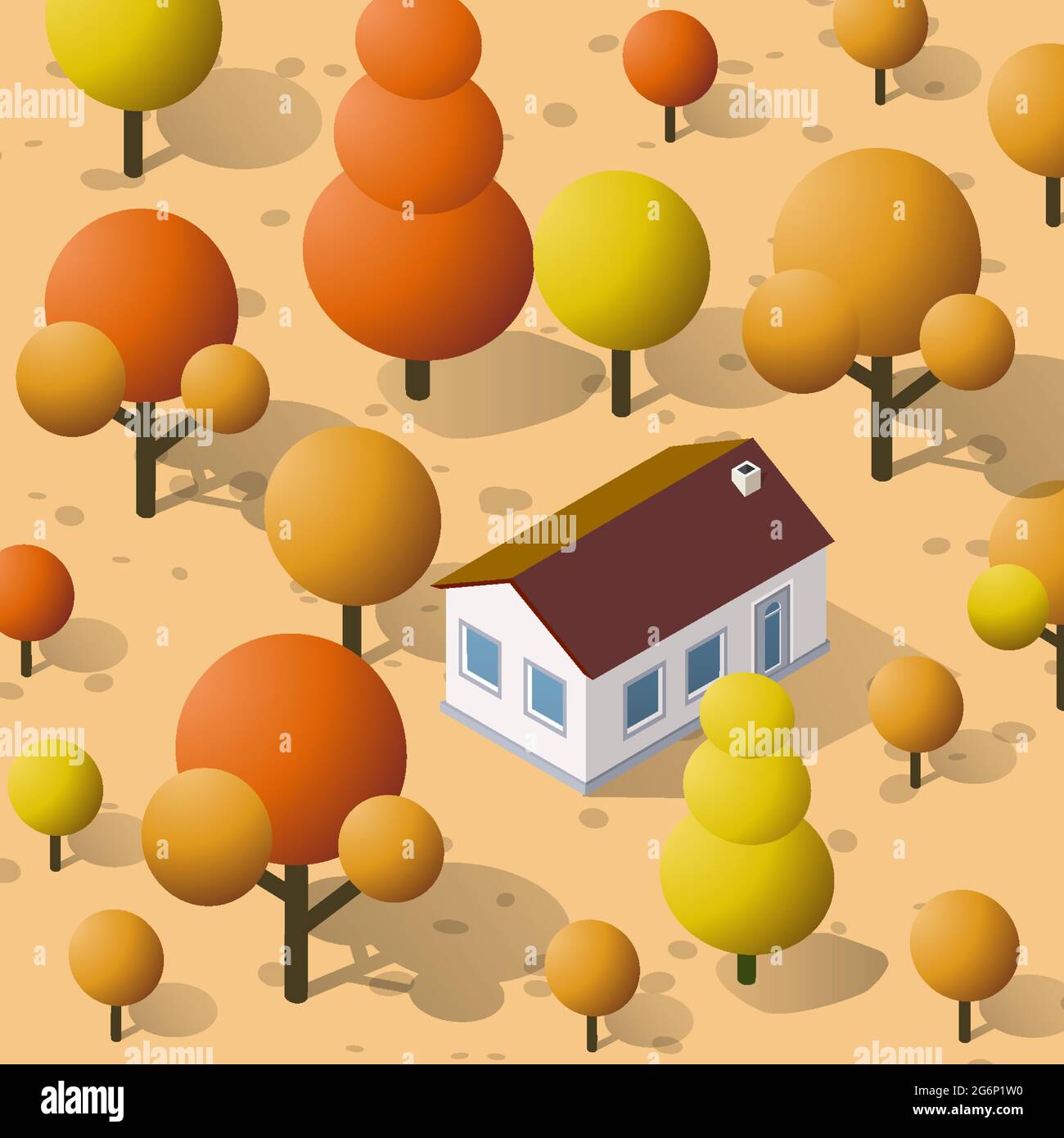 Città autunnale isometrica con case e strade con alberi Illustrazione Vettoriale