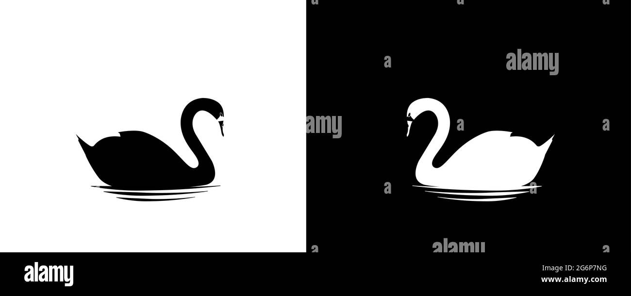 Swans Silhouette nuoto, vettore, due pezzi minimalista poster design, in bianco e nero, giorno e notte, pareti opere d'arte, minimalismo, illustrazione Illustrazione Vettoriale