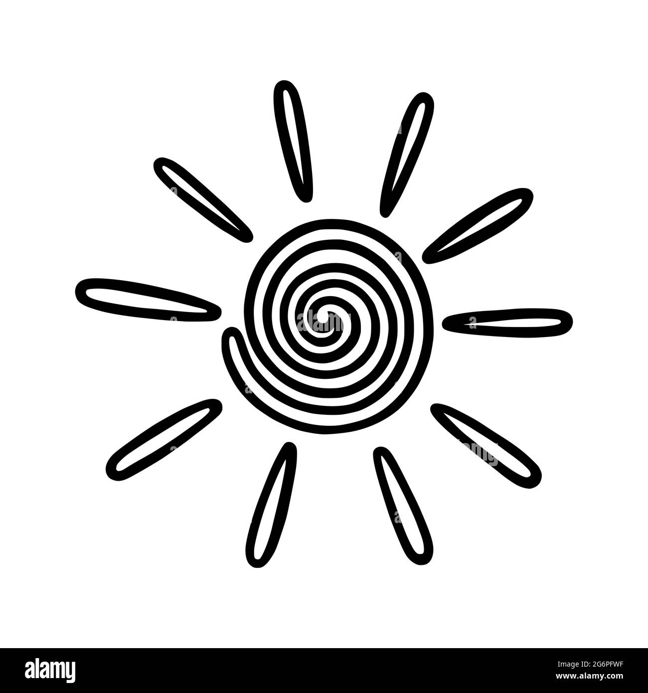 Sole volato a mano con travi. Sole splendente in stile doodle. Immagine vettoriale in bianco e nero isolata su sfondo bianco Illustrazione Vettoriale