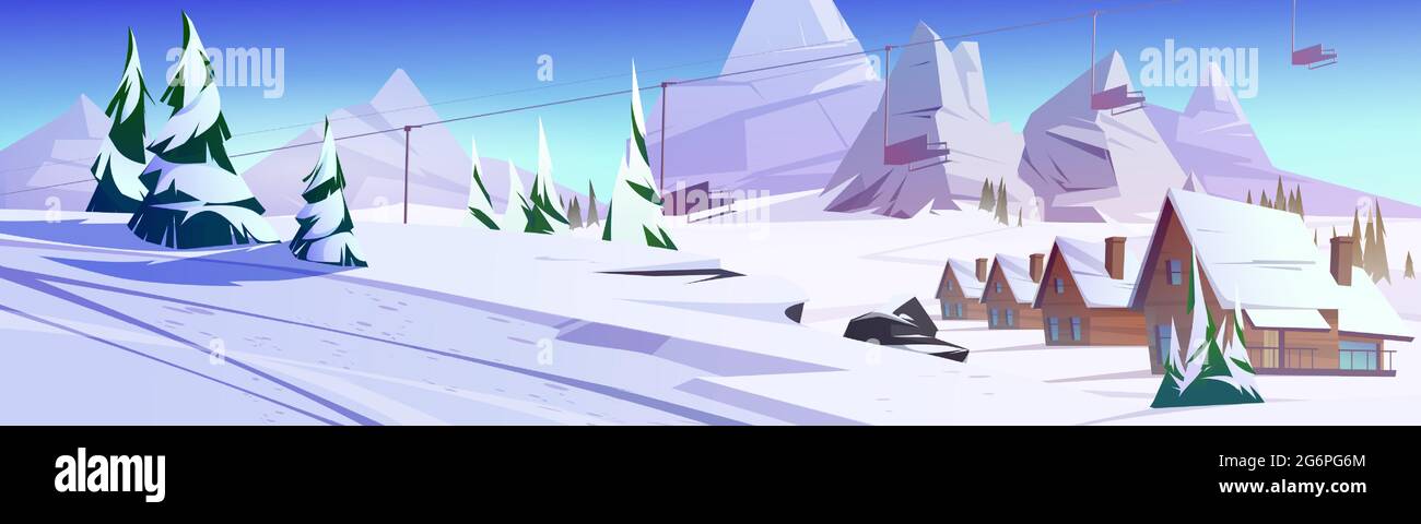 Paesaggio montano invernale con case o chalet e funicolare. Stazione sciistica con funivia su abeti e cime innevate. Inverno vacanze case vacanza, Cartoon vettore illustrazione Illustrazione Vettoriale