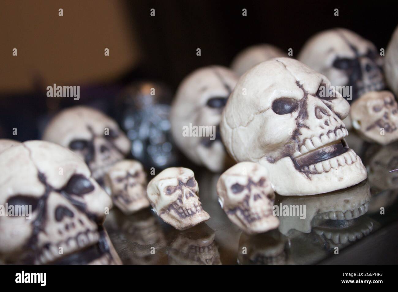 primo piano di più teschi bianchi tavolo di sfondo o decorazioni halloween Foto Stock
