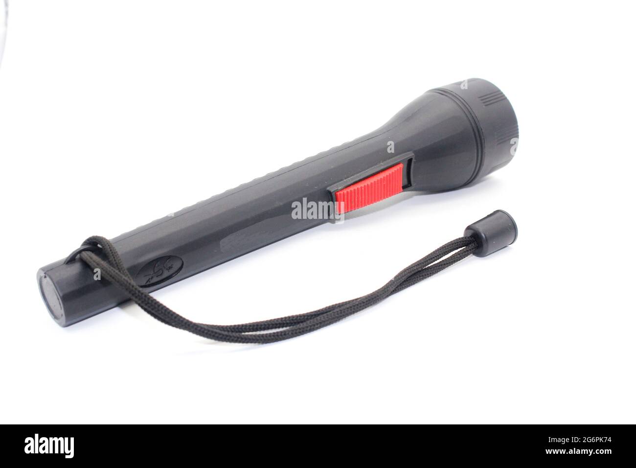 Torcia elettrica a LED nera isolata su sfondo bianco Foto Stock