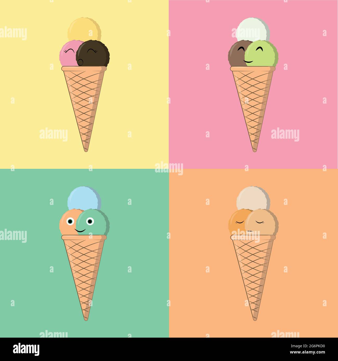 Immagine vettoriale di coni gelato con deliziose palle di cioccolato, fragola, gelato al limone con divertenti emozioni volano su uno sfondo monocromatico Illustrazione Vettoriale