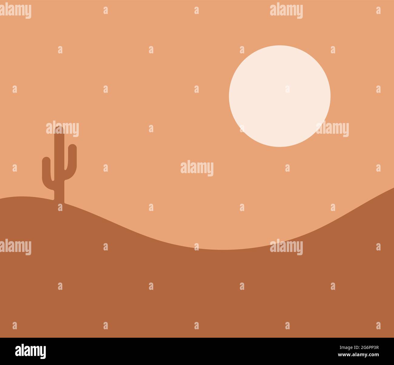 Illustrazione vettoriale di un paesaggio desertico costituito da colline sabbiose, cactus e sole. Illustrazione Vettoriale