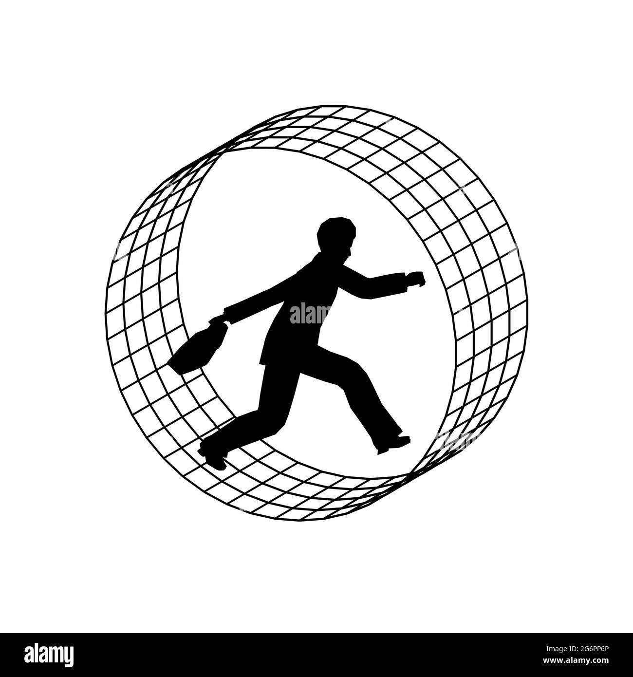 Silhouette di un running man con una valigetta in mano all'interno di una ruota isolata su sfondo bianco. Illustrazione vettoriale. Illustrazione Vettoriale