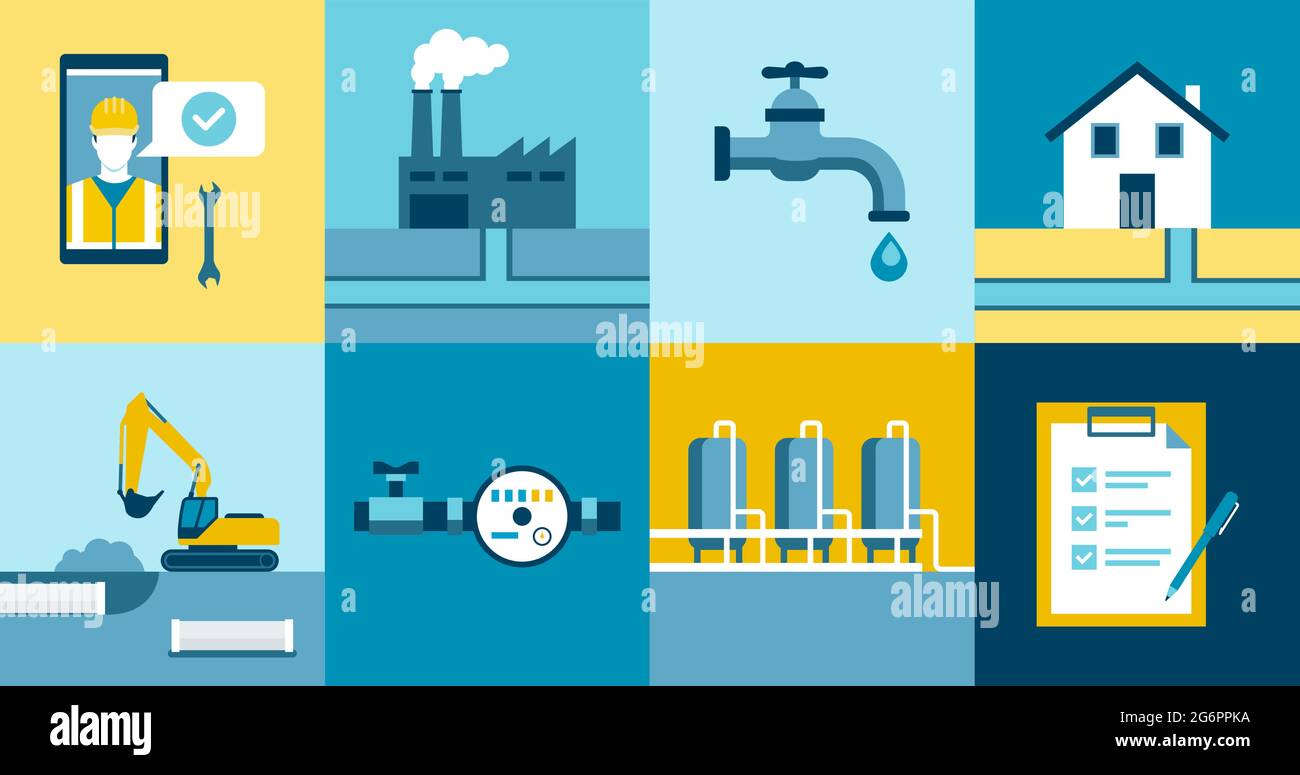 Insieme di icone per la fornitura di acqua e servizi di sanificazione: Fornitore di servizi di trattamento, distribuzione e raccolta delle acque Illustrazione Vettoriale