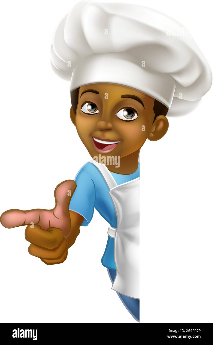 Black Boy Cartoon Chef Chef Kid segno di puntamento Illustrazione Vettoriale