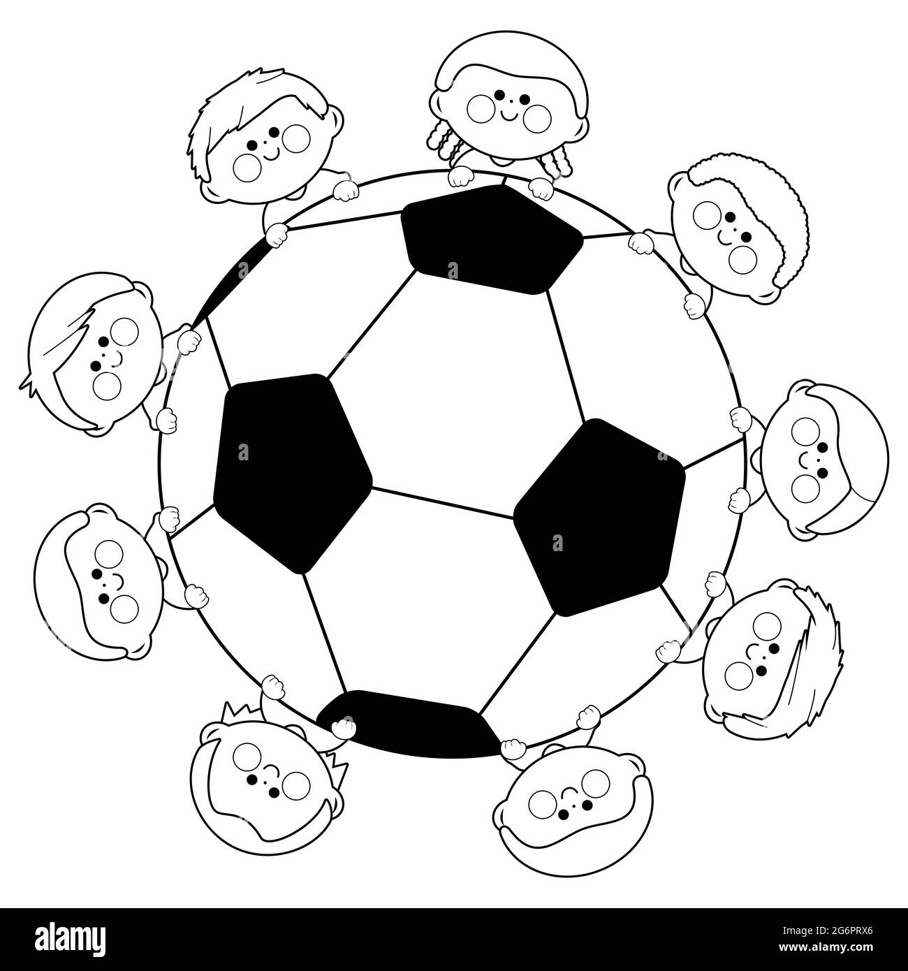 Pallone da calcio e squadra di calcio per bambini. Pagina da colorare in  bianco e nero Foto stock - Alamy