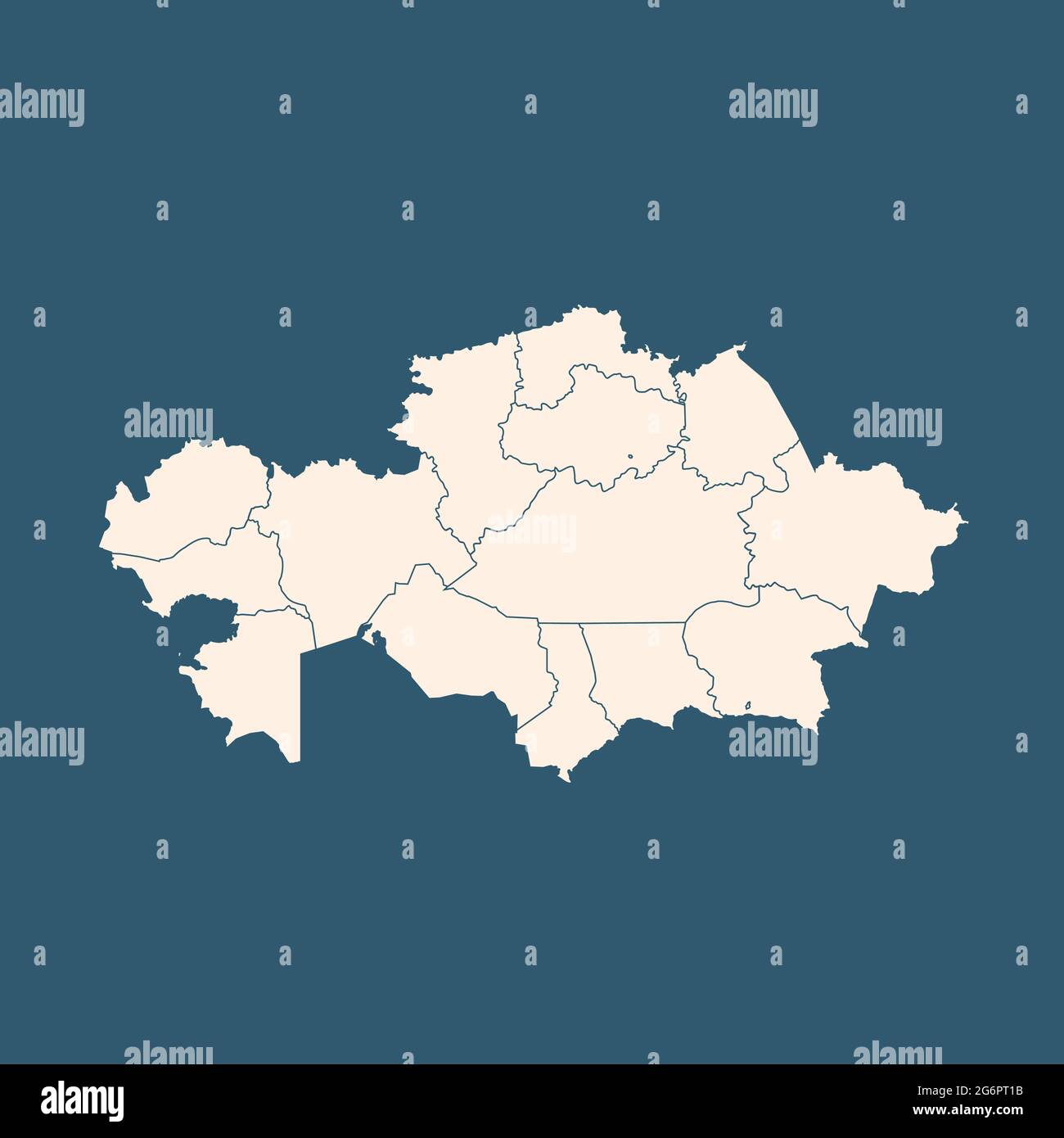 Mappa del Kazakistan, isolata su sfondo bianco. Modello mappa nero, terra piatta. Mappa del mondo semplificata con round Illustrazione Vettoriale