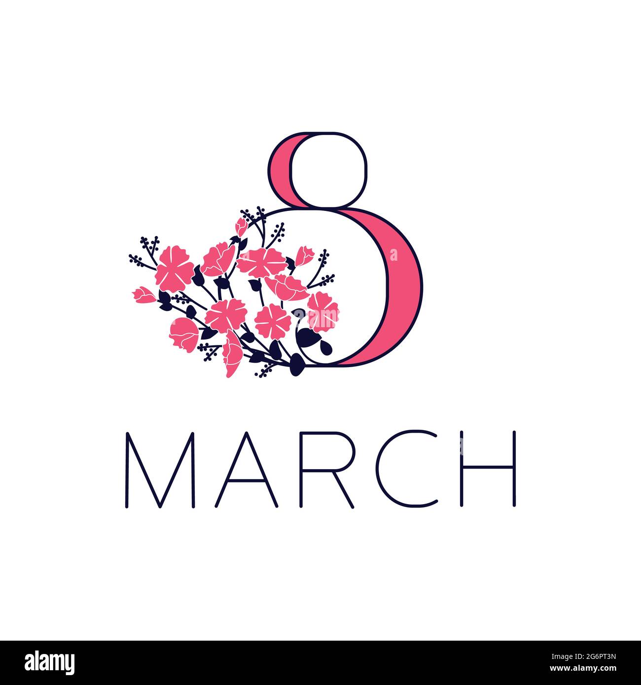 Biglietto d'auguri dell'8 marzo. Cartolina con testo e fiori. Banner quadrato per la Giornata Internazionale della Donna. Illustrazione Flat Art Foto Stock