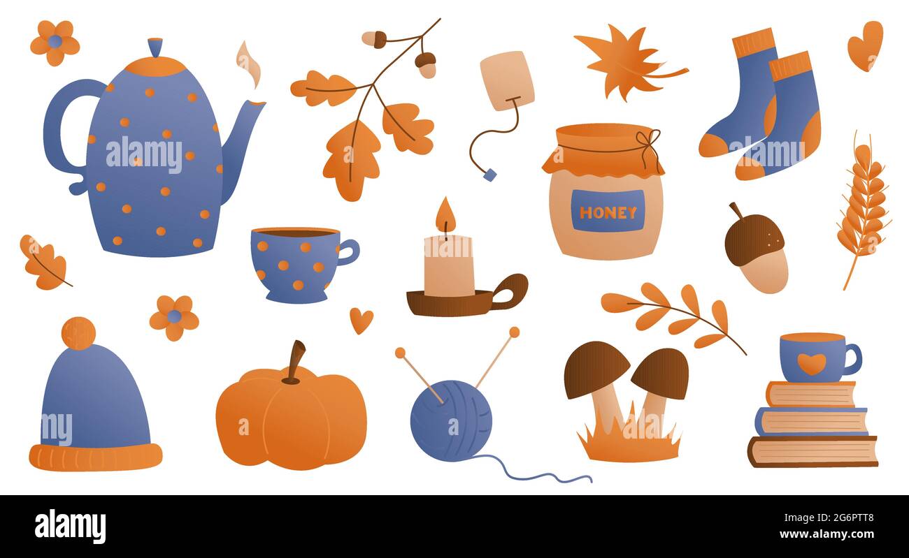 Collezione in stile piatto di articoli per la casa per la stagione autunnale. Illustrazione vettoriale. Illustrazione Vettoriale