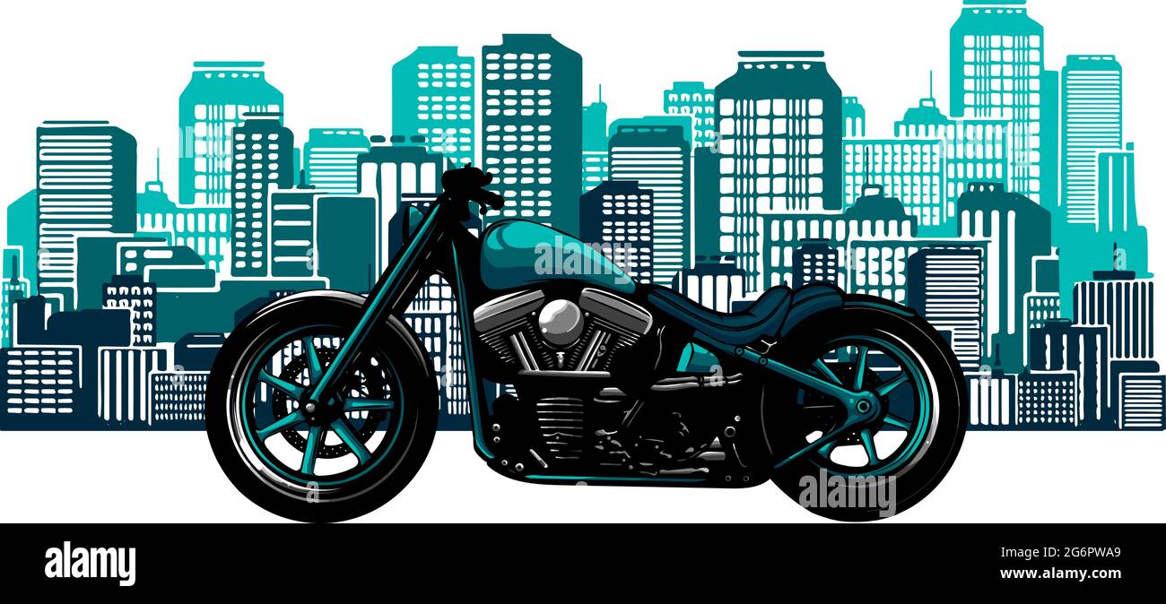illustrazione di una moto in stile bobber con la città sullo sfondo Illustrazione Vettoriale