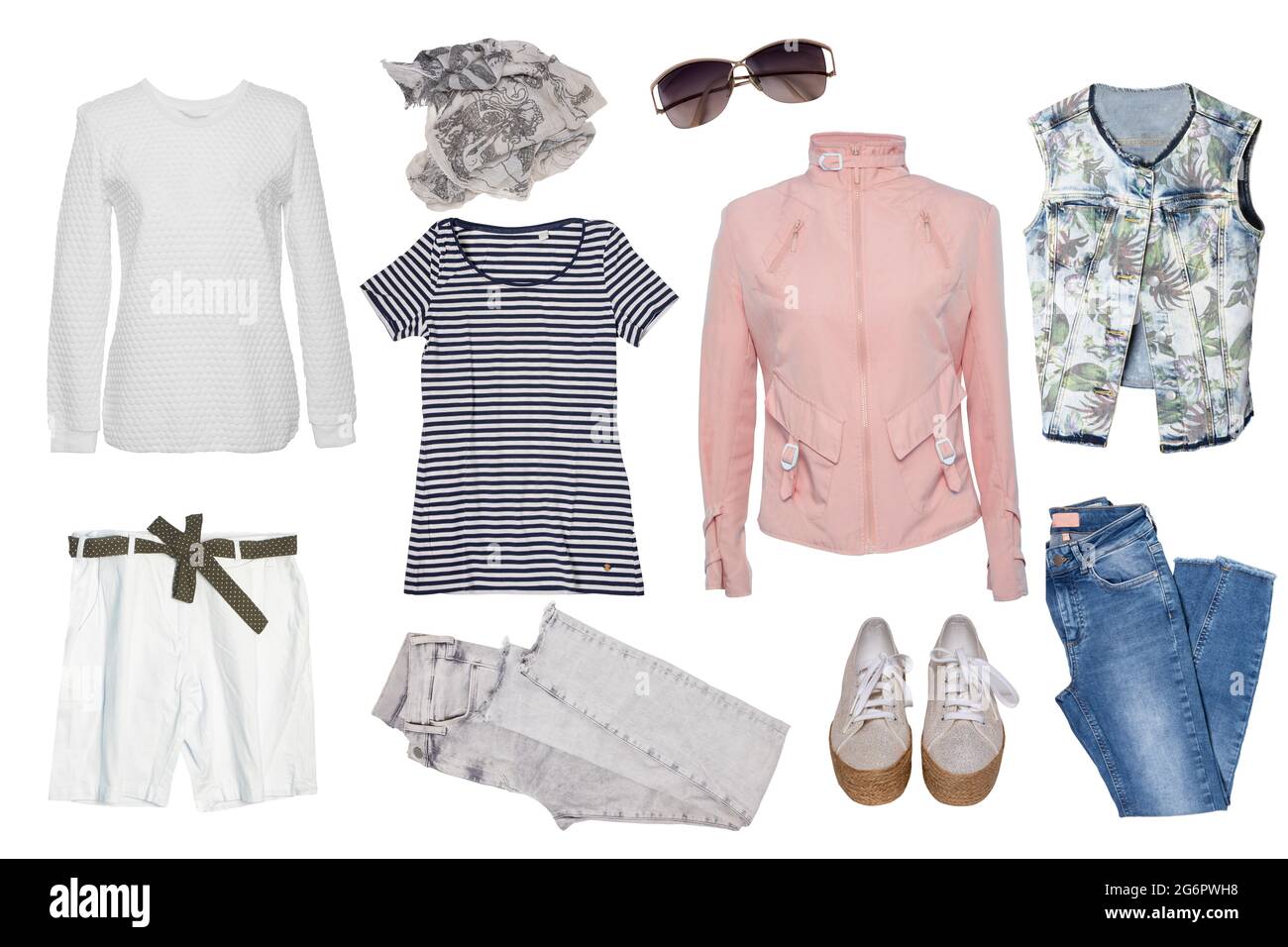Collage abiti donna. Set di eleganti e lussuosi giacche da donna alla moda,  shorts, una blusa o magliette, gilet, scarpe, jeans, pantaloni e accessori  isolati Foto stock - Alamy