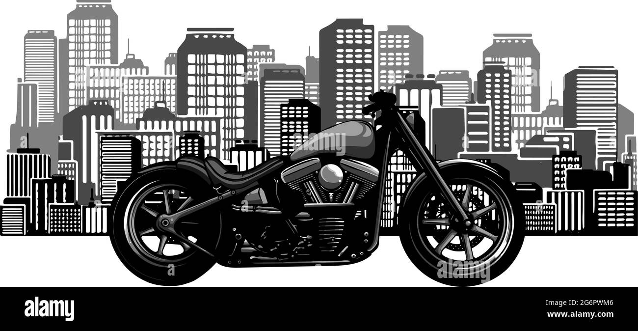 illustrazione di una moto in stile bobber con la città sullo sfondo Illustrazione Vettoriale