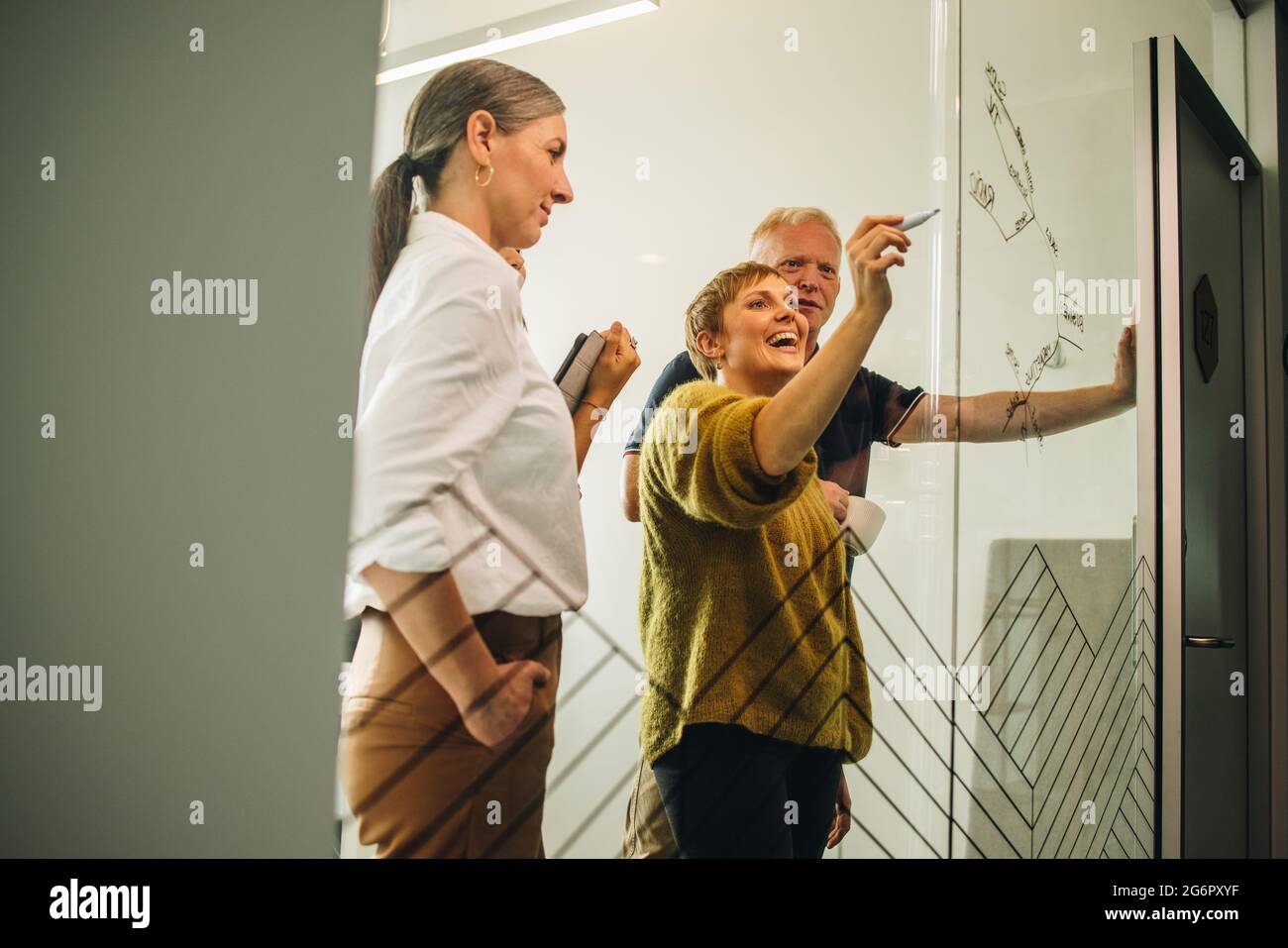 Dirigente femminile che guarda felice e scrive sul vetro per spiegare il nuovo progetto ai suoi colleghi in ufficio. Donna sorridente che spiega nuove idee scrivendo Foto Stock