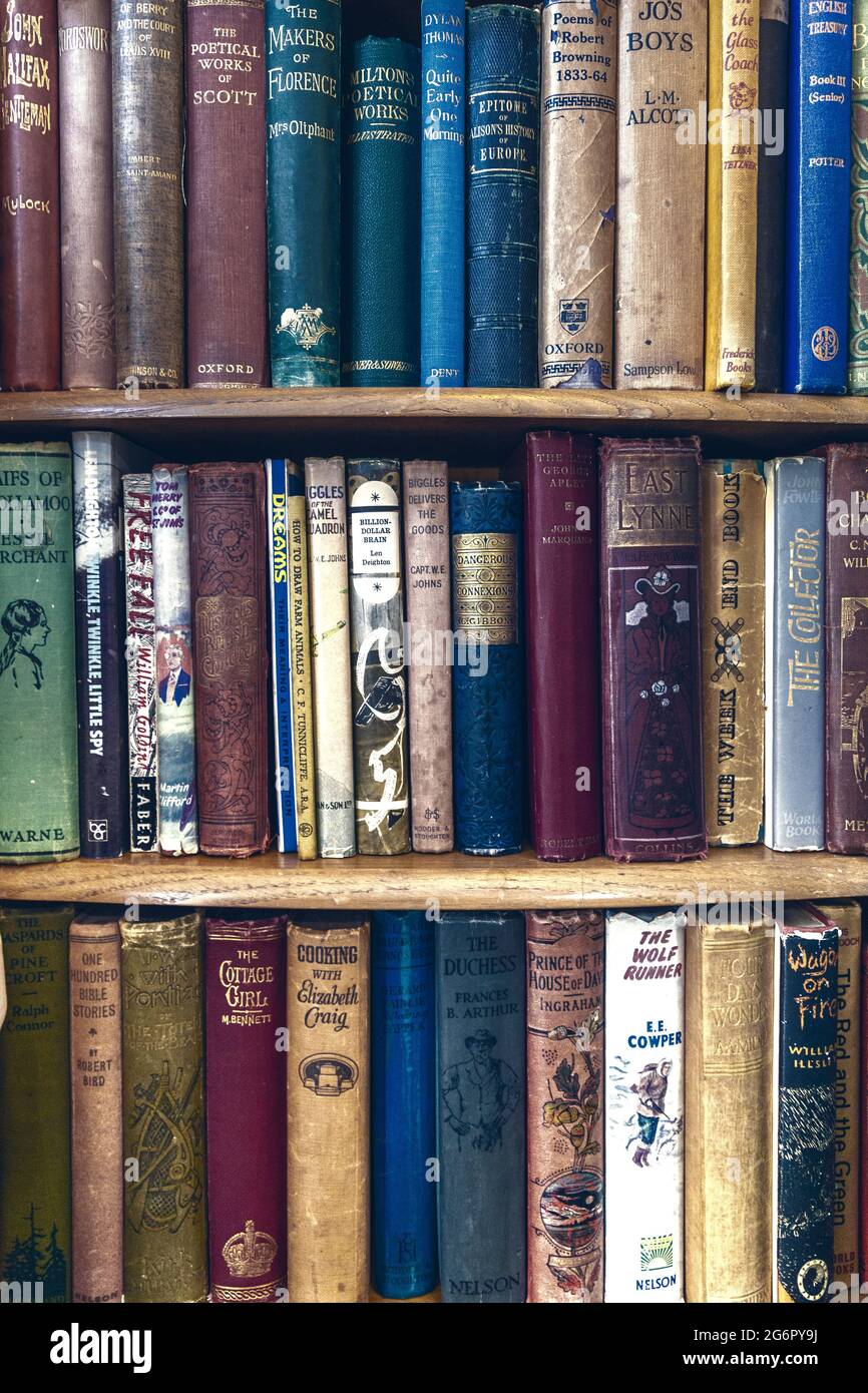 Libri antichi esposti su una libreria presso un negozio di antiquariato (Hampton Court Emporium, East Molesey, UK) Foto Stock