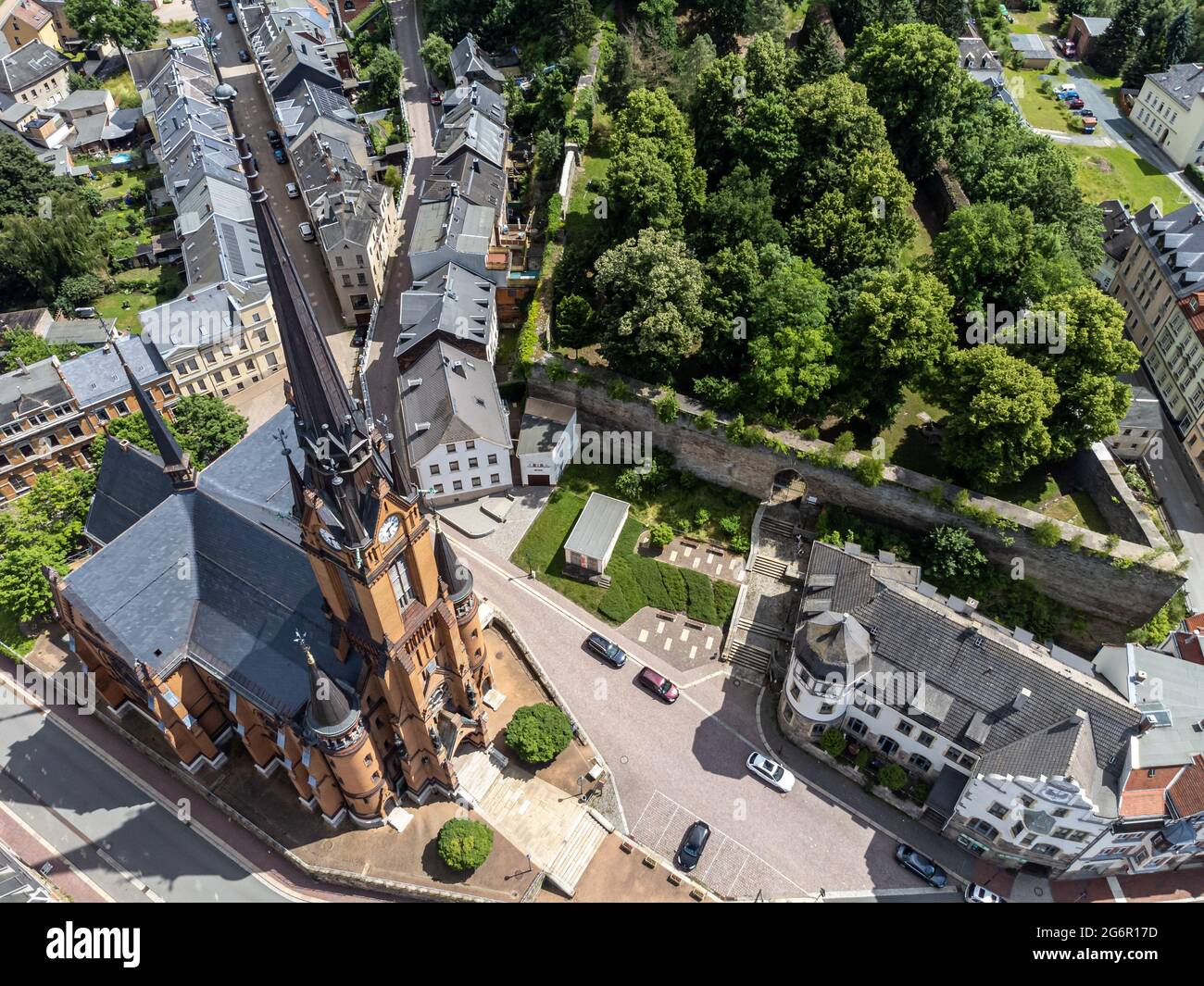Veduta aerea della chiesa di Mylau Vogtland Foto Stock