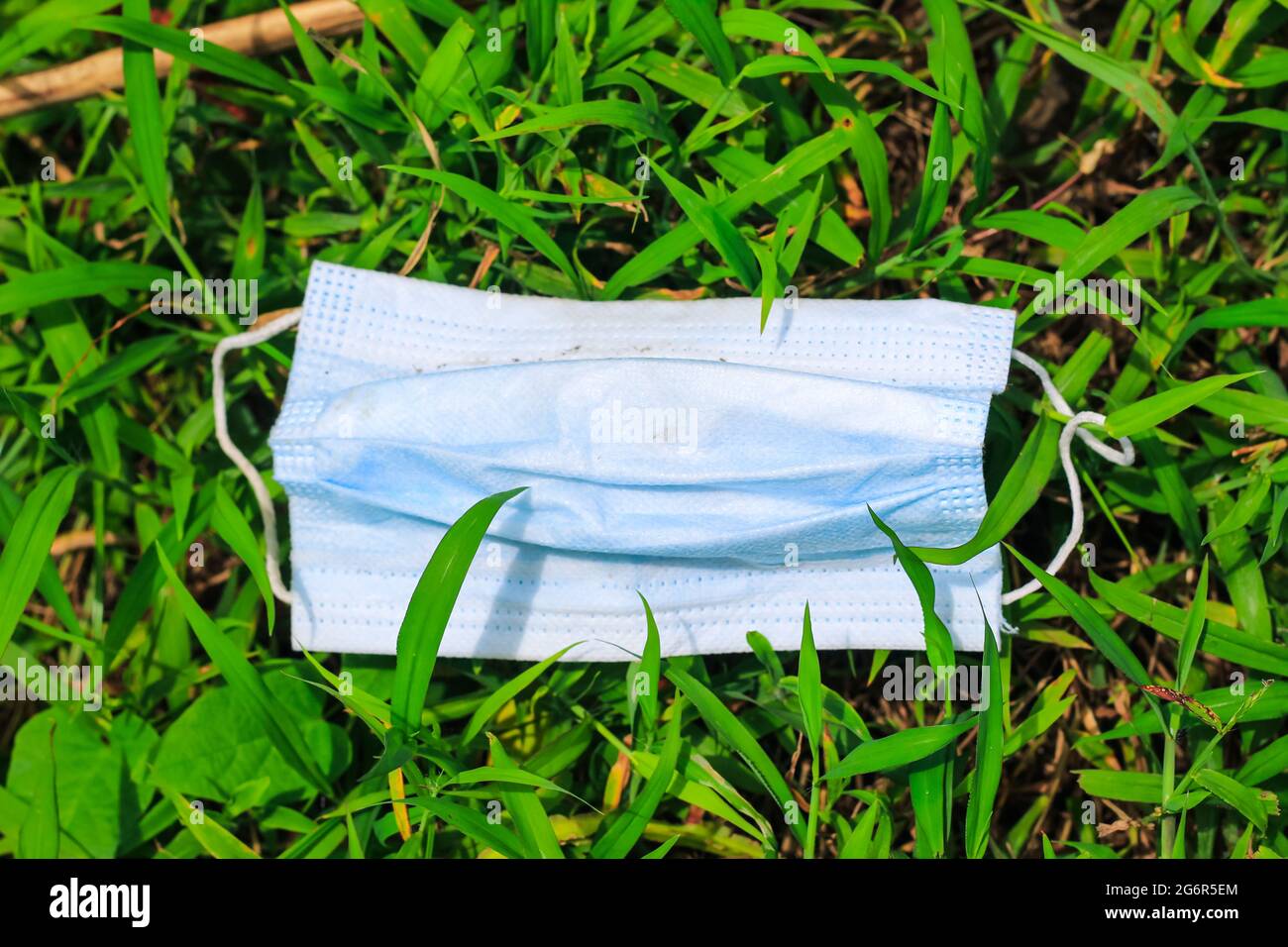 Maschera chirurgica usata, maschera chirurgica gettata sull'erba, inquinamento ambientale e le conseguenze di un uso eccessivo di maschere chirurgiche durante il coronavirus. Foto Stock