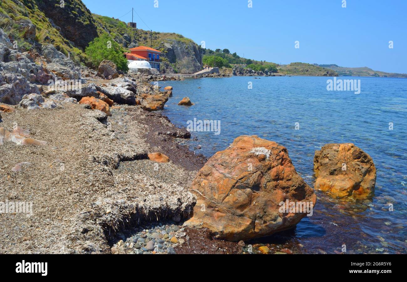 EFTHALOU spiaggia vicino molyvos su lesvos isola, costa turca a pochi chilometri di distanza Foto Stock