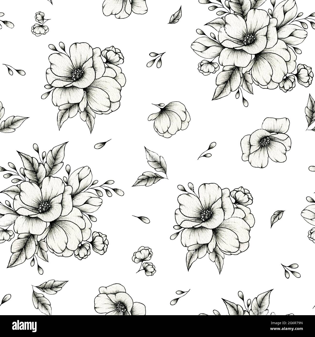 Bella grafica floreale modello, vintage sfondo senza cuciture con eleganti fiori e bouquet, linea art composizione floreale per il matrimonio stazionario Foto Stock