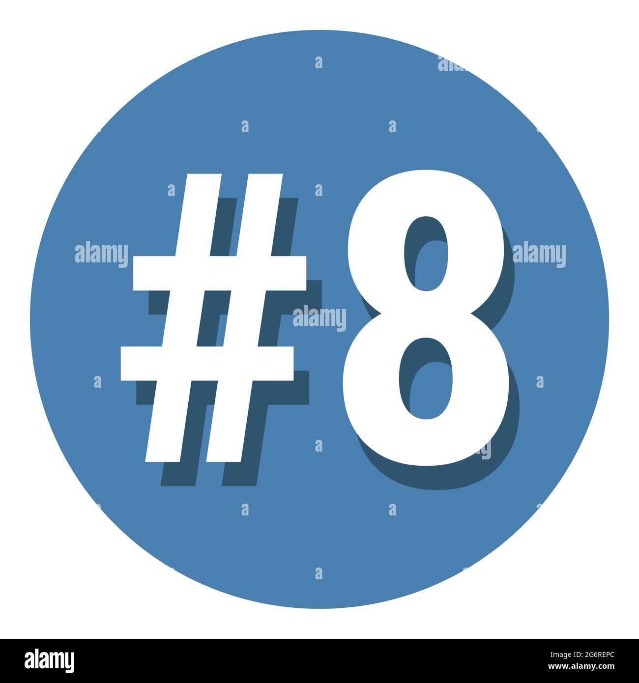 Numero 8 otto simbolo in cerchio, 8 ° ottavo conto hashtag icona. Semplice illustrazione vettoriale con design piatto. Bianco con ombra su sfondo blu. Illustrazione Vettoriale