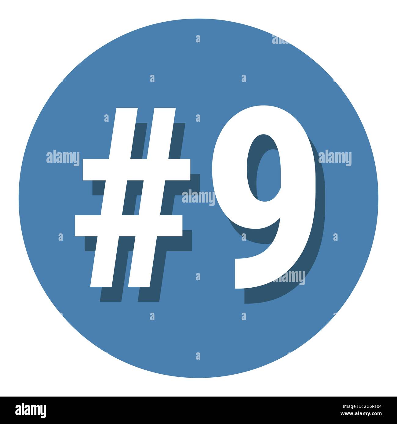 Numero 9 nove simboli in cerchio, nona icona hashtag conteggio. Semplice illustrazione vettoriale con design piatto. Bianco con ombra su sfondo blu. Illustrazione Vettoriale