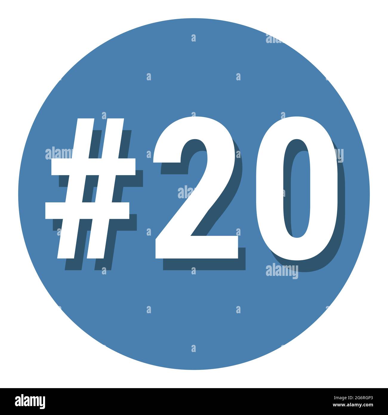 Numero 20 simbolo venti in cerchio, ventesimo conteggio hashtag icona. Semplice illustrazione vettoriale con design piatto. Bianco con ombra su sfondo blu Illustrazione Vettoriale