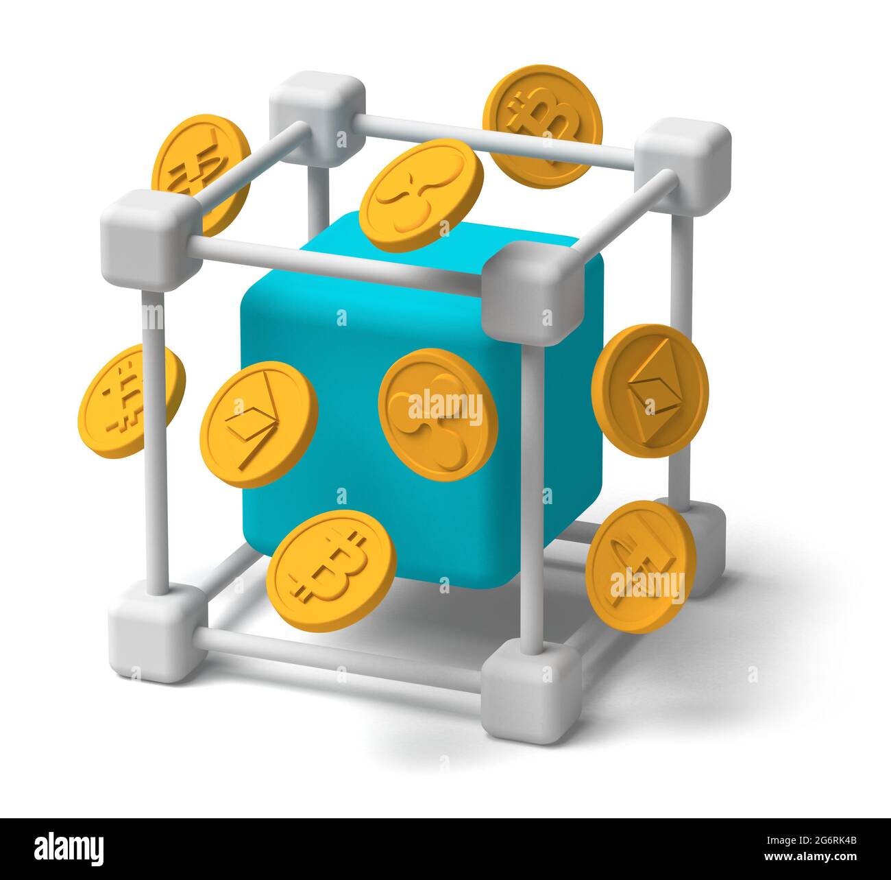 Bitcoin, Ethereum, Tether e Ripple Crypto Currency Blockchain Mining Concept 3D, sfondo bianco isolato, ombra Foto Stock