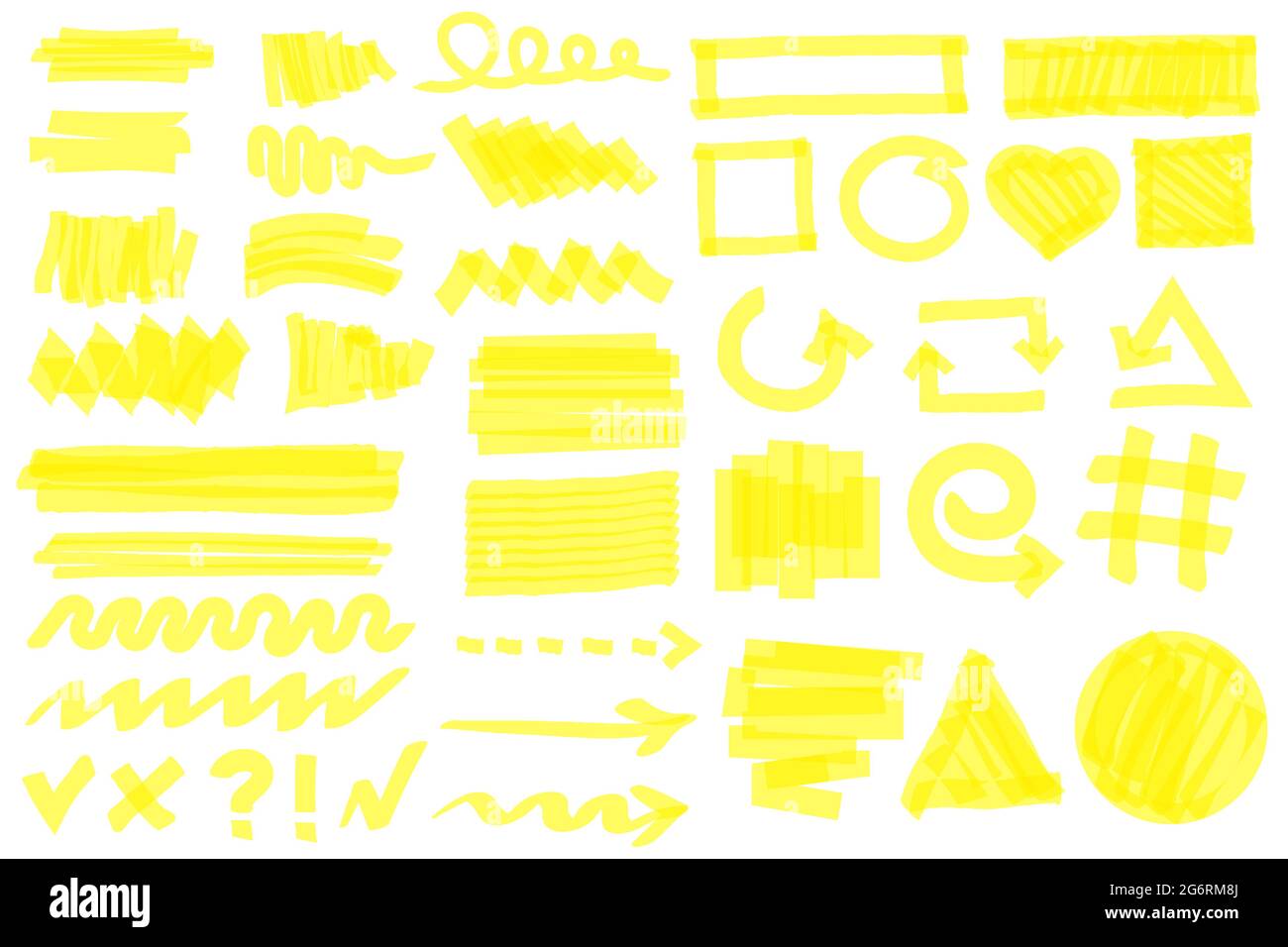 Tratti di evidenziatore. Linee di marcatura gialle, tratti, frecce, cornici, cerchi, segni di spunta. Marcatori permanenti disegnati a mano elementi di doodle insieme vettoriale. Strisce, forme geometriche e frecce Illustrazione Vettoriale
