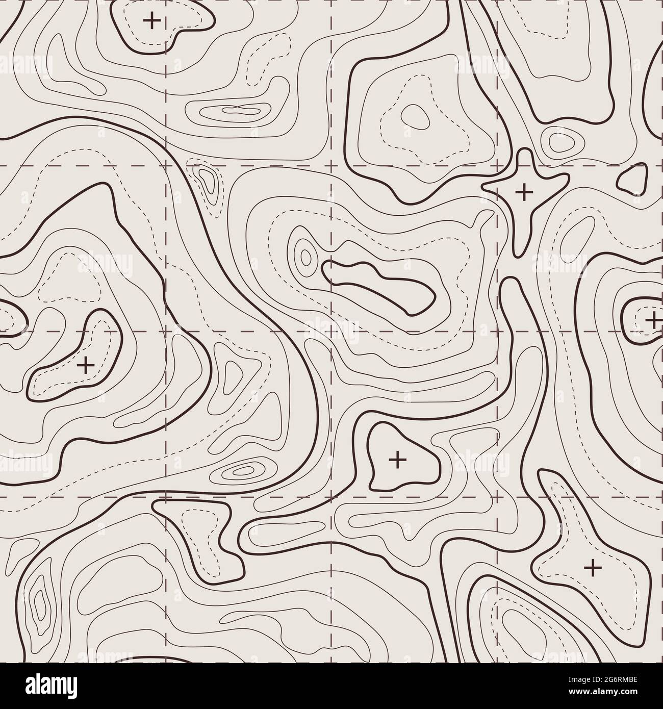 Mappa topografica. Terreno geografico, vecchie linee di contorno geologiche vintage con griglia. Sfondo vettoriale mappa topografia con pattern senza giunture. Area con percorsi e curve diverse vista dall'alto Illustrazione Vettoriale