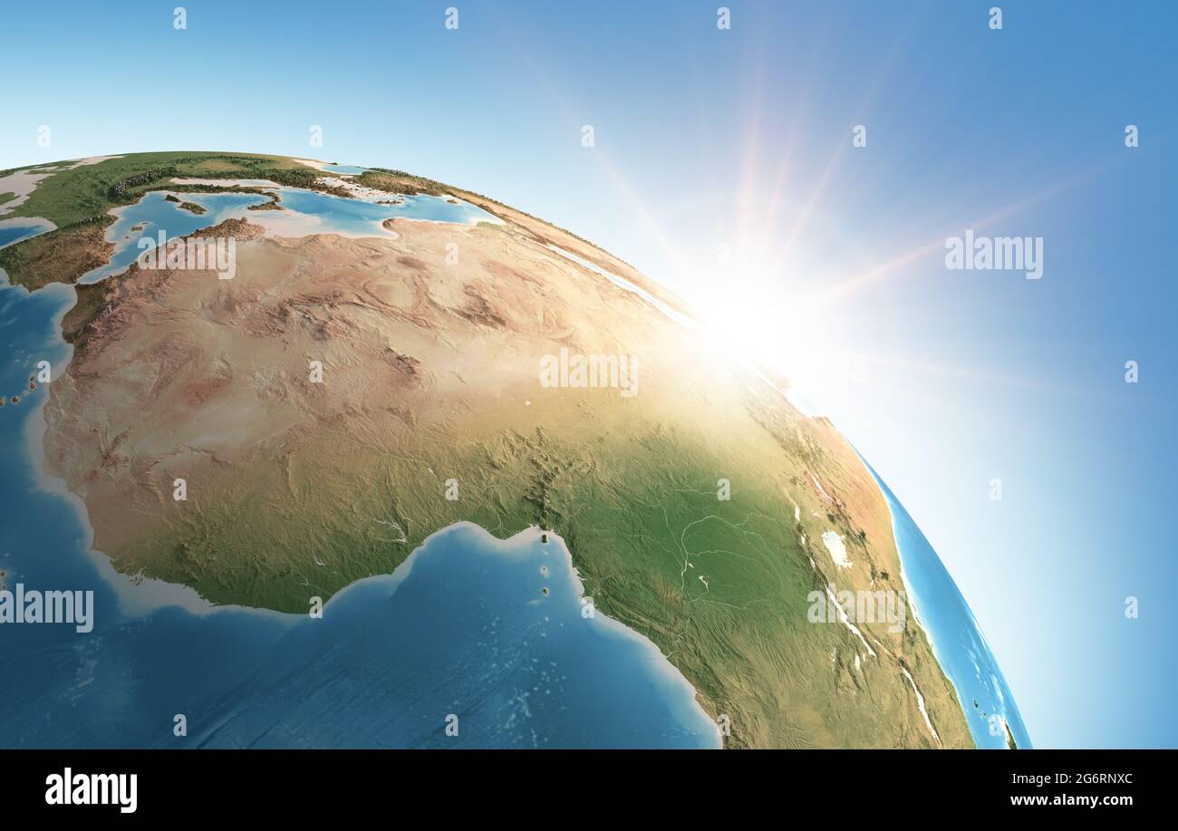Il sole splende su una vista dettagliata del pianeta Terra, focalizzata sull'Africa. Illustrazione 3D - elementi di questa immagine forniti dalla NASA Foto Stock