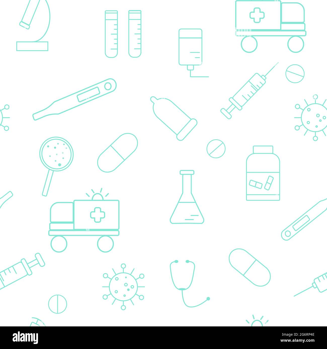 Campione medico con articoli sanitari, vettore. Sfondo senza interruzioni con attributi di un laboratorio, di un ospedale o di una farmacia. Schema di medicina brillante. Illustrazione Vettoriale