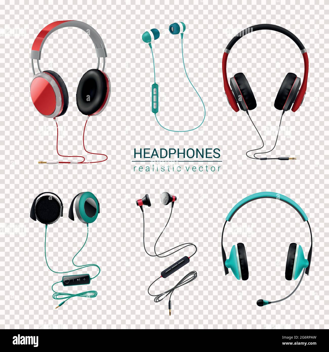 Cuffie auricolari vari tipi auricolari cuffie auricolari Set di colori  realistici immagine vettoriale isolata con sfondo trasparente Immagine e  Vettoriale - Alamy