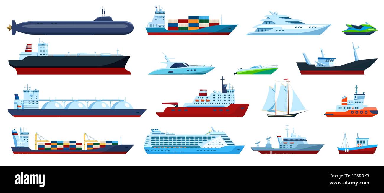 Barche a mare piatto. Crociera, nave da carico, yacht, barca a vela, rimorchiatore, motoscafo, sottomarino, barca da pesca. Set vettoriale per il trasporto in viaggio sull'oceano. Diverse imbarcazioni private e industriali isolate Illustrazione Vettoriale