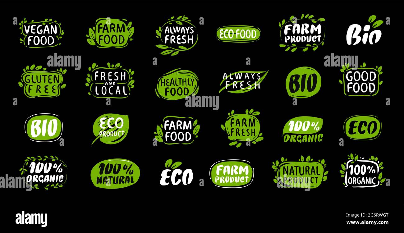 Set di etichette e adesivi per alimenti biologici e bevande, prodotti naturali. Concetti di illustrazione vettoriale per la progettazione di imballaggi Illustrazione Vettoriale