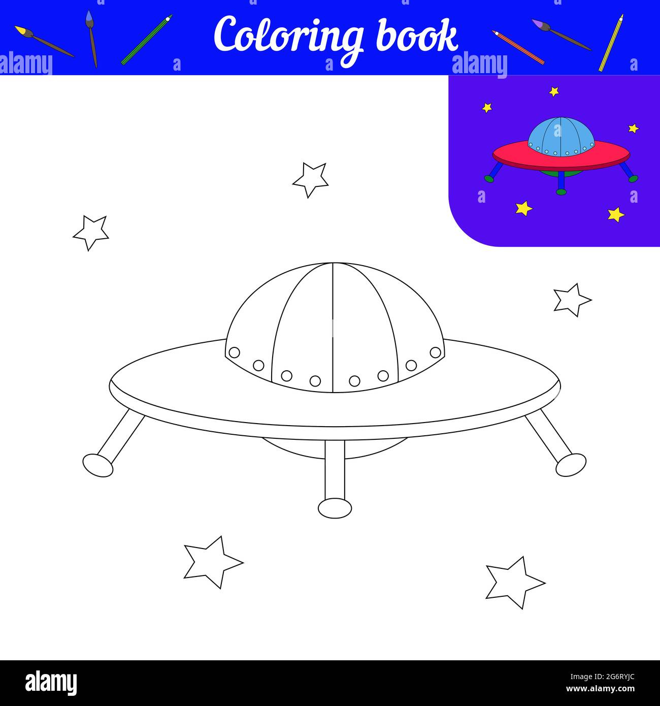 Libro da colorare per bambini. Carino UFO tra le stelle. Illustrazione in bianco e nero per la colorazione con campione di colore. Astronave di alieni in stile cartoon. V Illustrazione Vettoriale