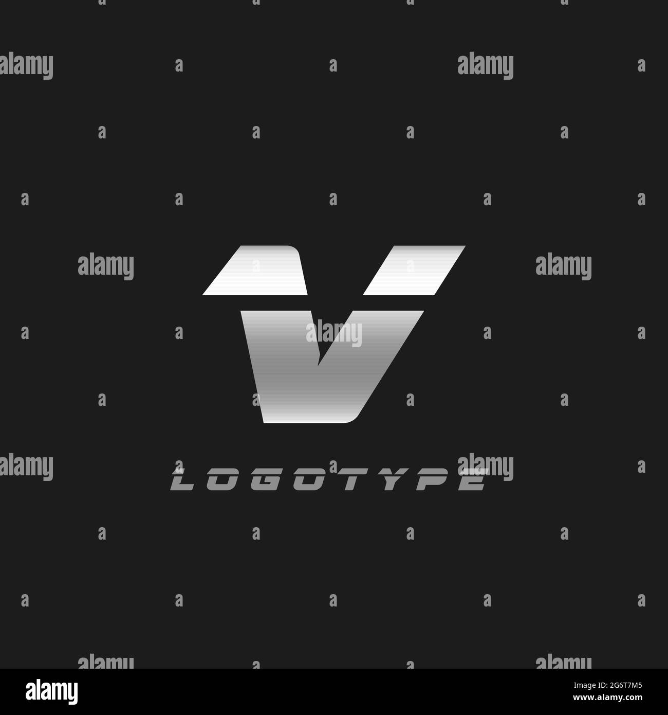 Lama argento lettera V, grassetto corsivo monogramma tagliato. Emblema vettoriale metallico in ferro di alluminio per officina di riparazione auto o per il servizio automobilistico e di gara moderno Illustrazione Vettoriale