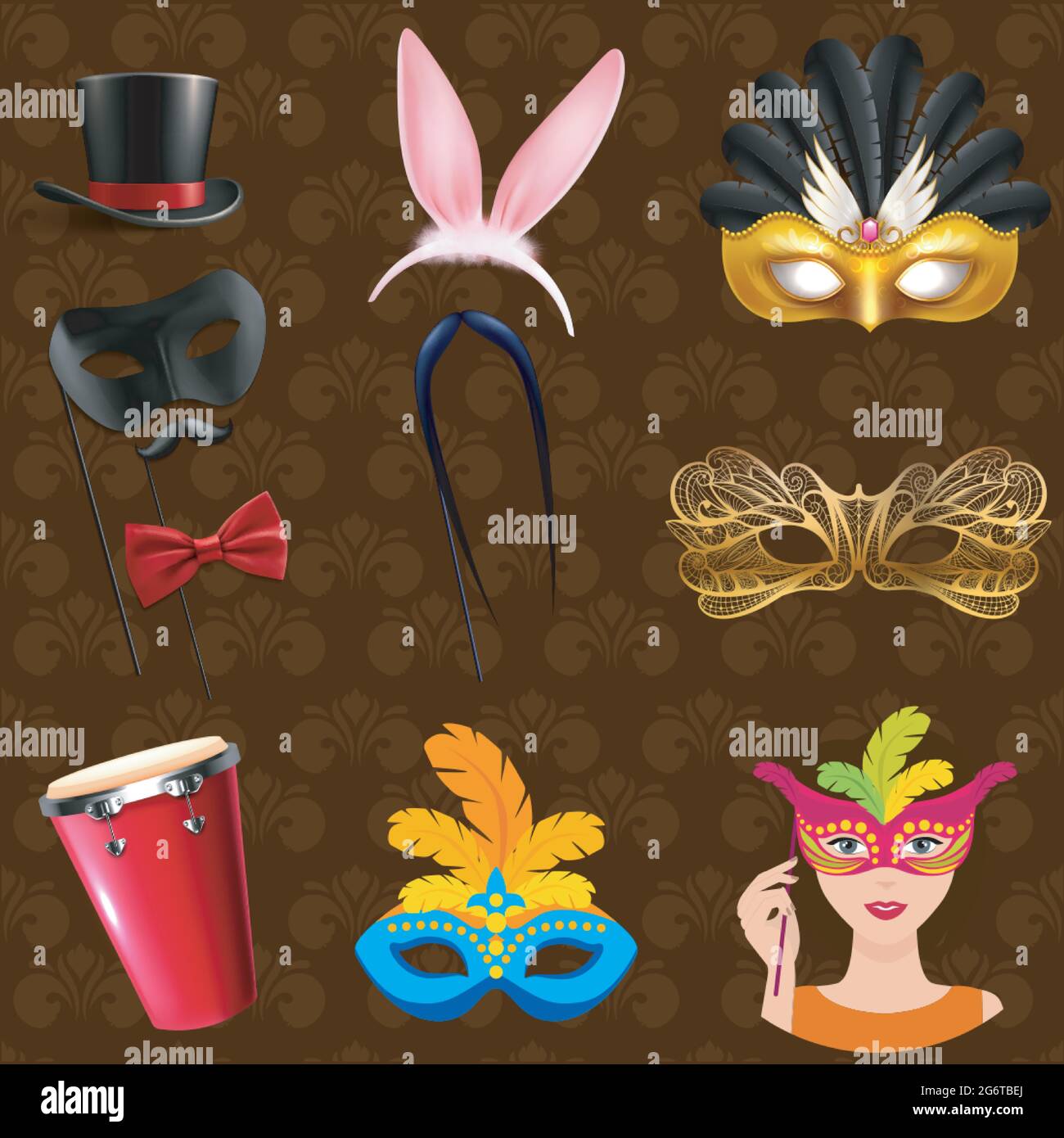 Set trasparente di adesivi isolati maschere e cappelli con baffi e occhiali. Illustrazione Vettoriale