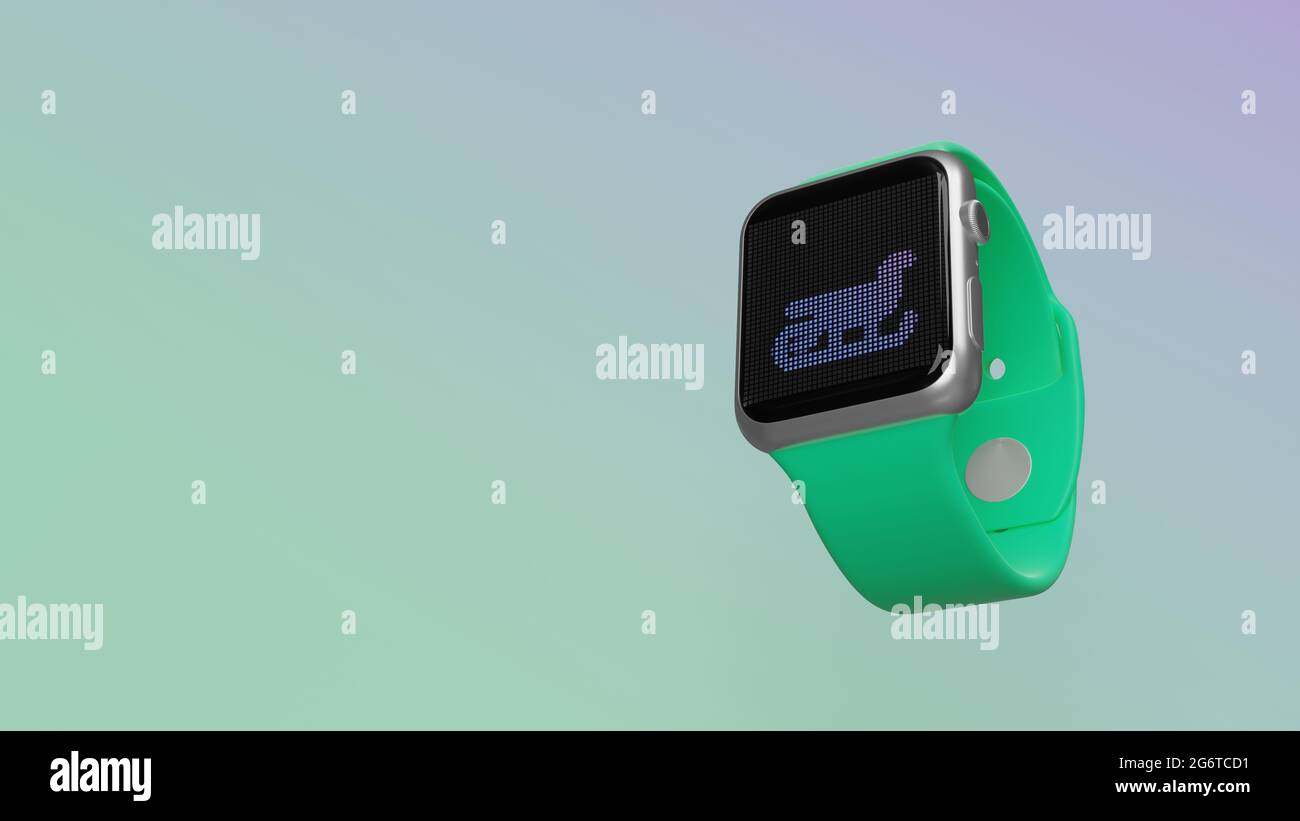 Smart Watch 3d rendering con simbolo di slitta di Natale per cavalcare nella neve su display lcd isolato su sfondo colorato. Vista laterale in basso. Foto Stock