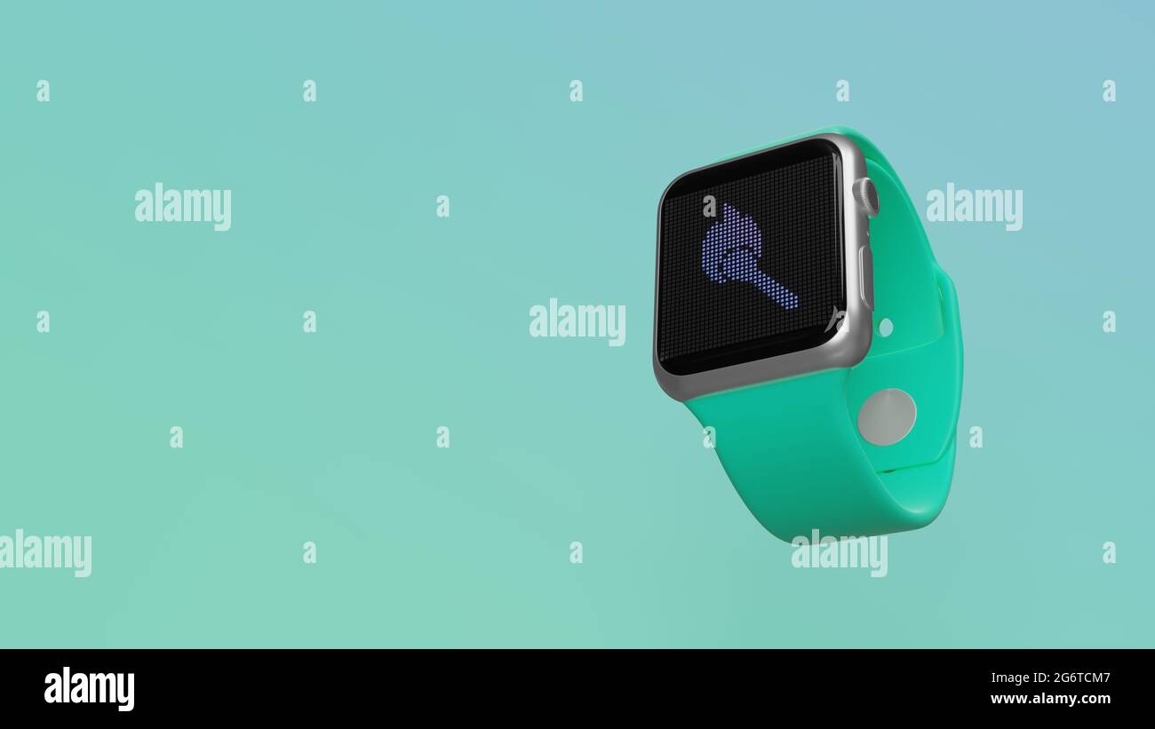 Smart Watch 3d rendering con simbolo di corrispondenza di masterizzazione sul display lcd isolato su sfondo colorato. Vista laterale in basso. Foto Stock