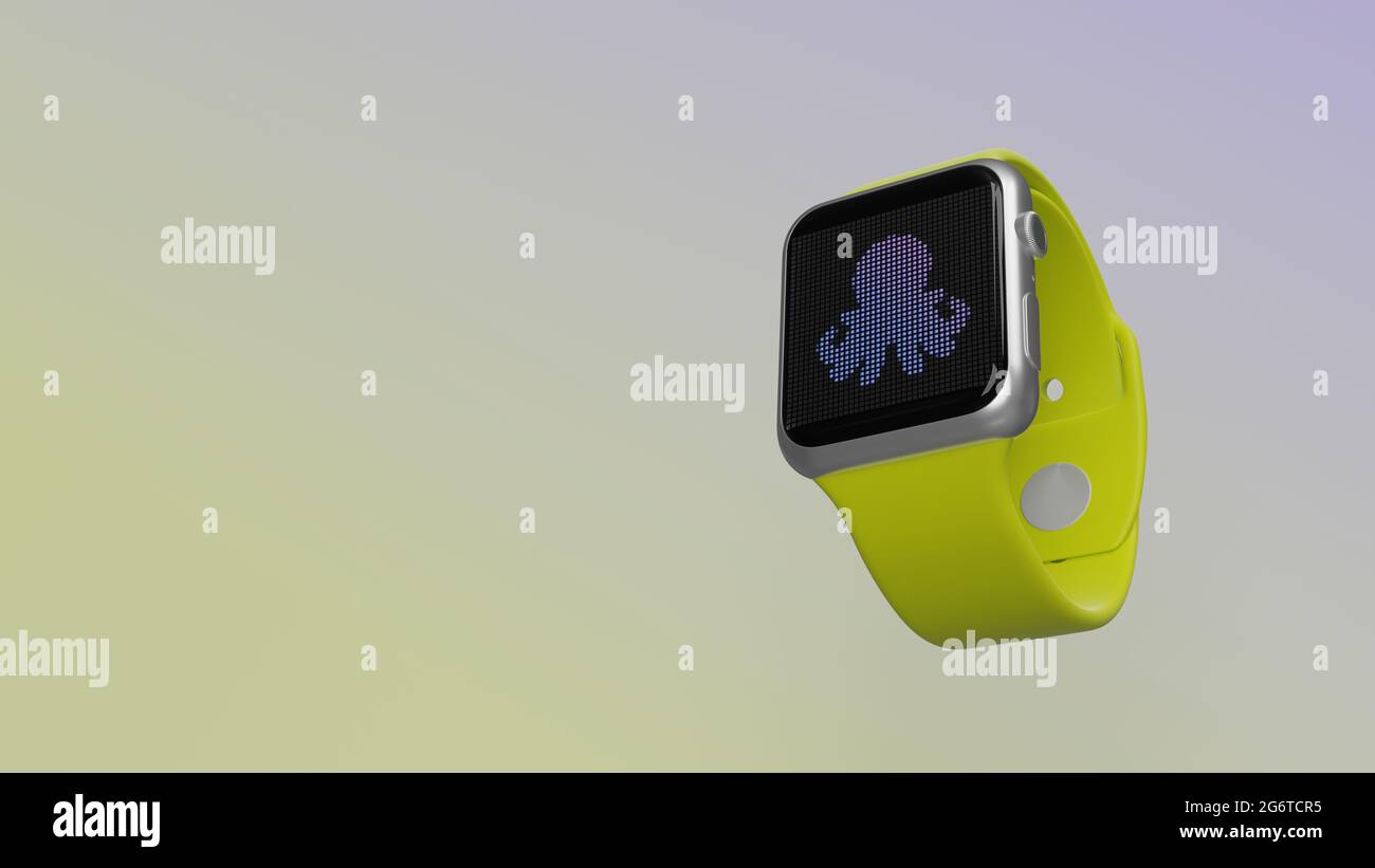 Smart Watch 3d rendering con simbolo di polpo animale marino su display lcd isolato su sfondo colorato. Vista laterale in basso. Foto Stock