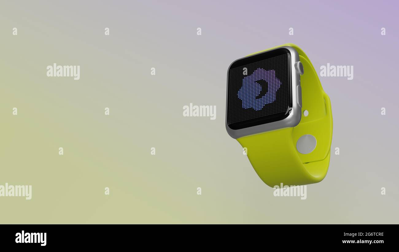 Smart Watch 3d rendering con simbolo della modalità notturna per la telecamera sul display lcd isolato su sfondo colorato. Vista laterale in basso. Foto Stock