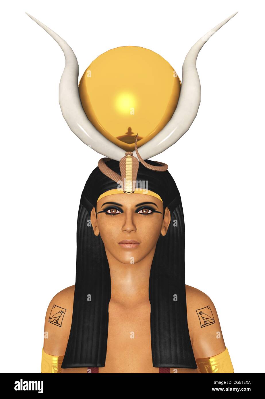 La dea egiziana Hathor si isolò su sfondo bianco Foto Stock