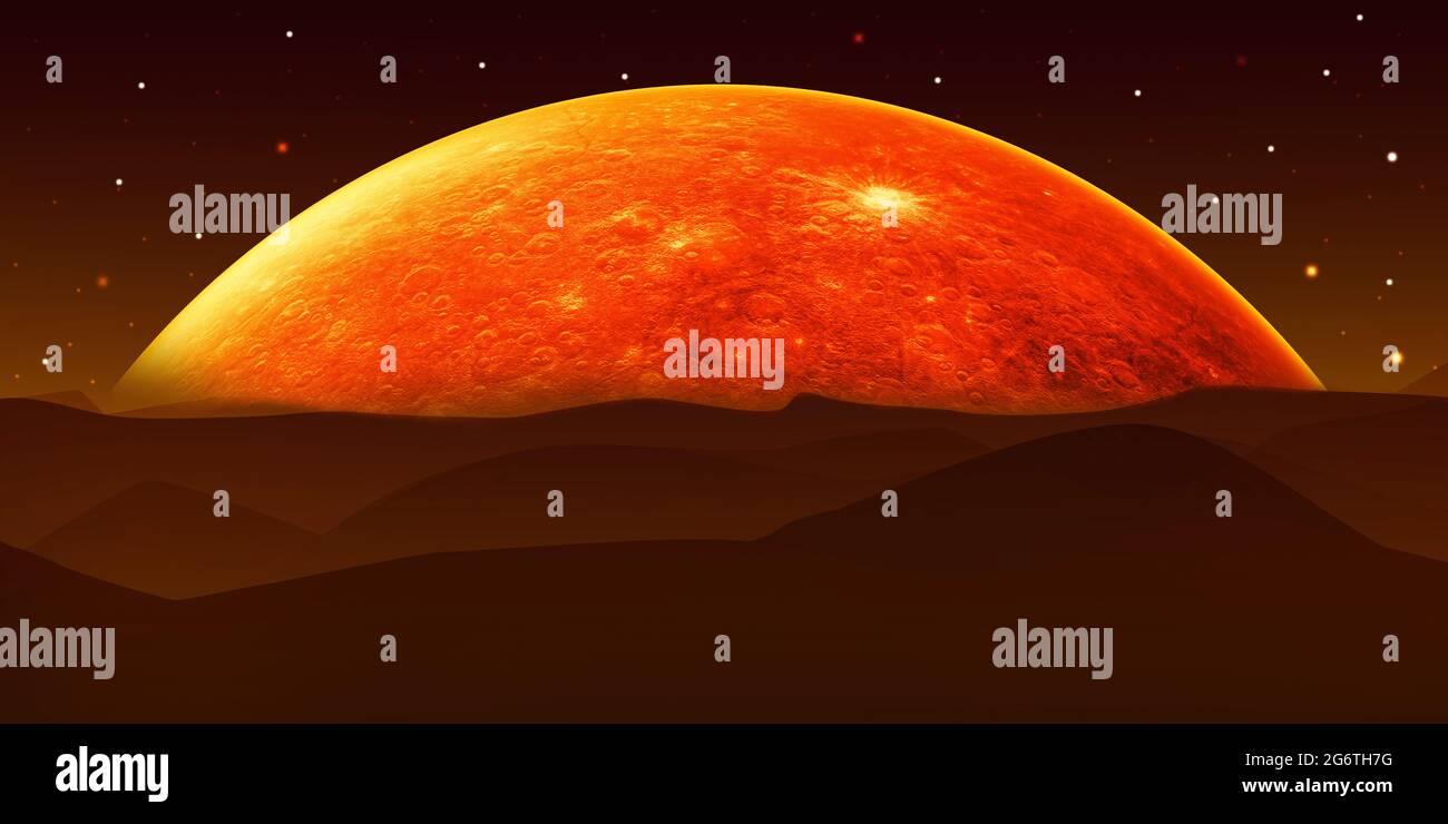 3D rendering Marte Planet con il cielo arancione e le montagne dalla Terra di notte. Moderno Abstract Red Planet Concept sfondo Foto Stock