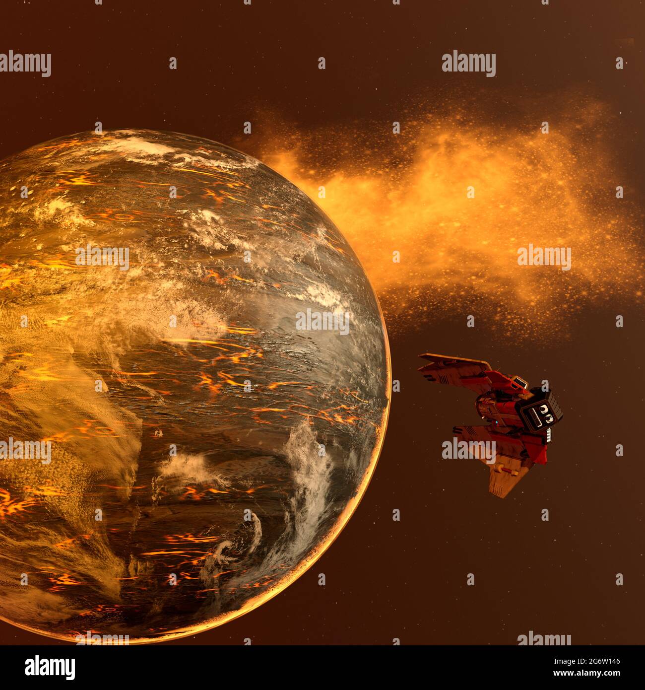 Astronave che si avvicina a un pianeta neonato - rendering 3d Foto Stock